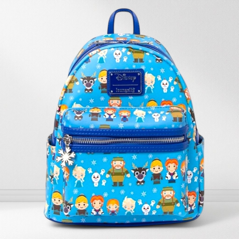 Loungefly Blue Disney Frozen Chibi Characters Pattern Mini Backpack Bag NEW
